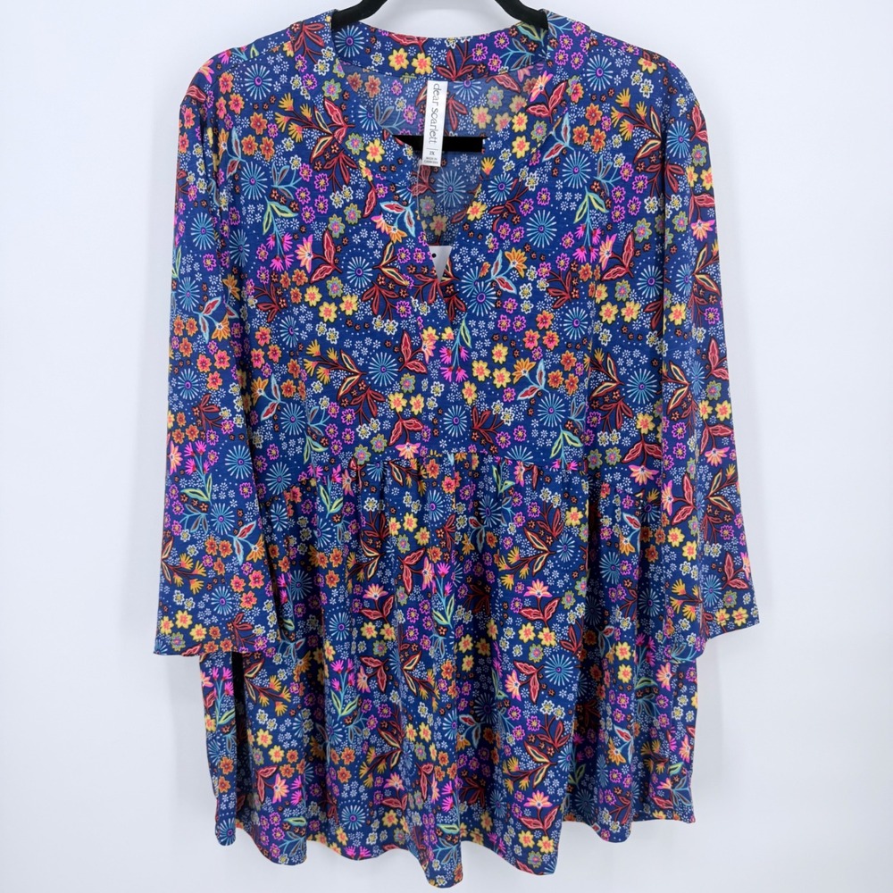 Dear Scarlett Tunic Womens 2X Blue Ditsy Floral Babydoll V-Neck 3/4 Sleeve NWT